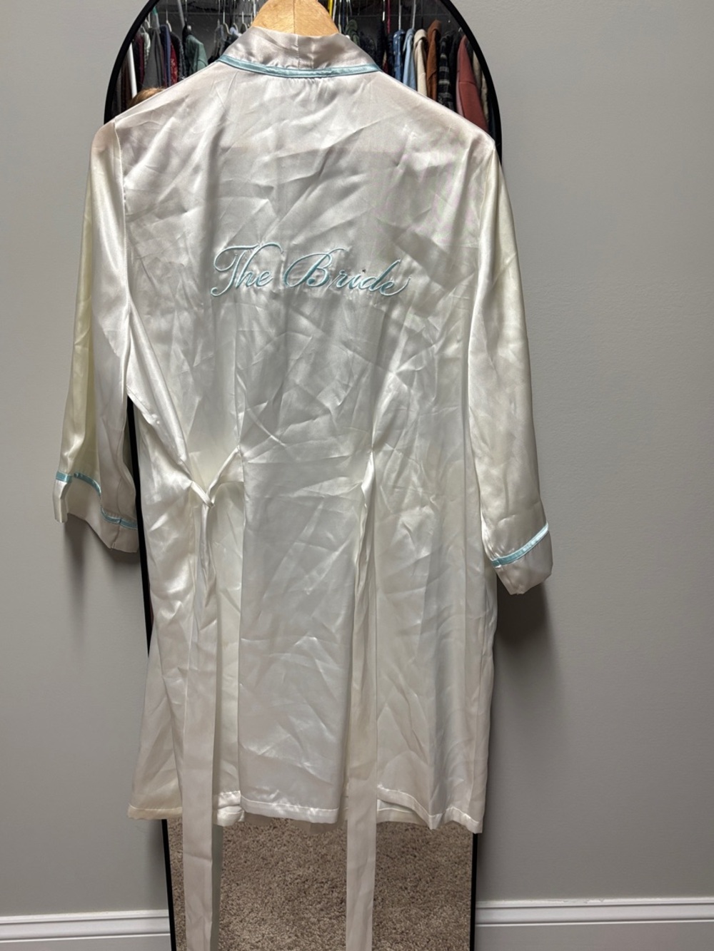 Linea Donatella Satin Bridal Robe in White with Light Blue Trim
